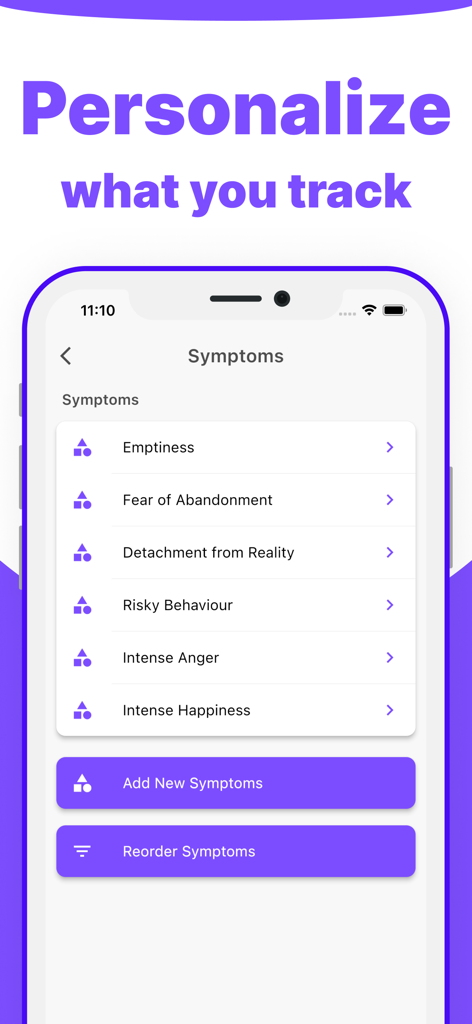 Borderline Personality Tracker - A screenshot of the Borderline Personality Tracker app showing a list of customizable symptoms including emptiness and fear of abandonment.
