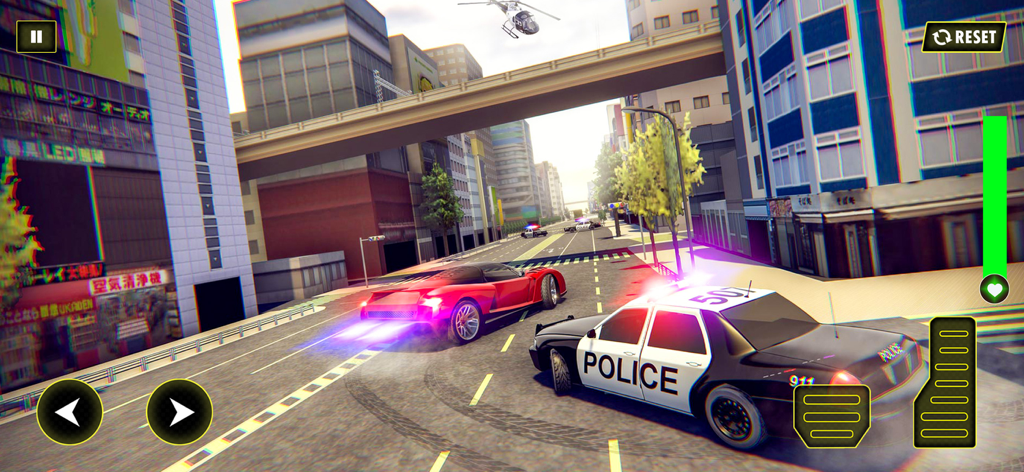 A police cruiser chasing a red sports car through a city street.