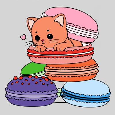 a kitten popping out of a stack of pastel macarons