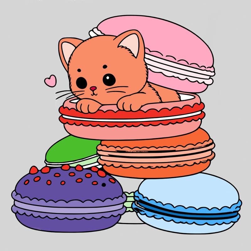 a kitten popping out of a stack of pastel macarons