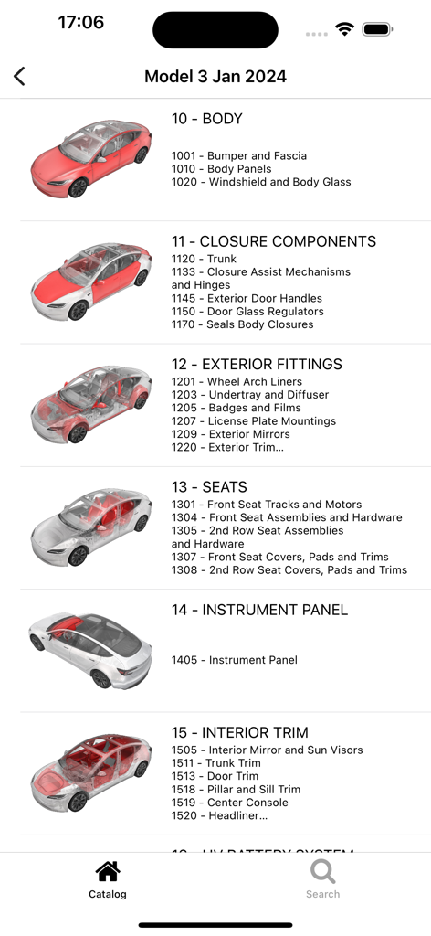 Tesla Model 3 Ersatzteilkatalog, der verschiedene Kategorien wie Karosserie, Verschlussteile, Außenausstattung, Sitze und Innenverkleidung mit illustrativen Autodiagrammen zeigt.