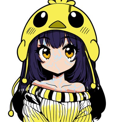 anime girl with chick shaped hat with sweater with bare shoulders with bangs covering them one eye with low tail