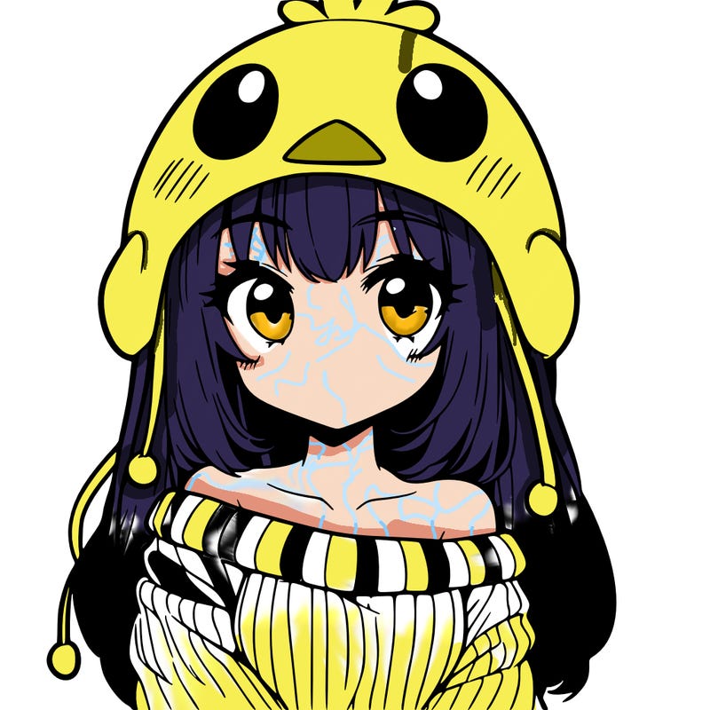 anime girl with chick shaped hat with sweater with bare shoulders with bangs covering them one eye with low tail
