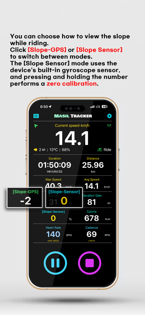 Masil Tracker - Painel do aplicativo Masil Tracker mostrando métricas de ciclismo em tempo real e opções de calibração do sensor de inclinação.