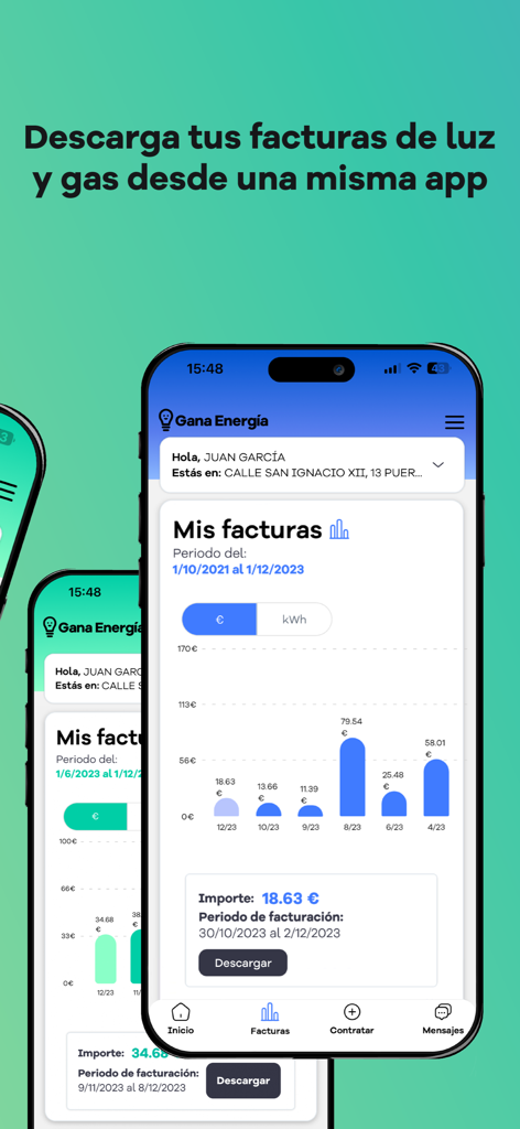 Gana Energia - App clientes - Mobile screen of Gana Energia app displaying utility bill history and download button.