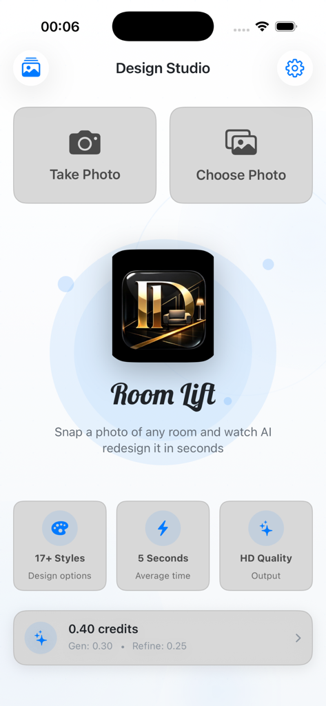 Room Lift - Startbildschirm der Room Lift App, der Optionen zum Aufnehmen eines Fotos oder zur Auswahl eines Fotos für die KI-Inneneinrichtung anzeigt