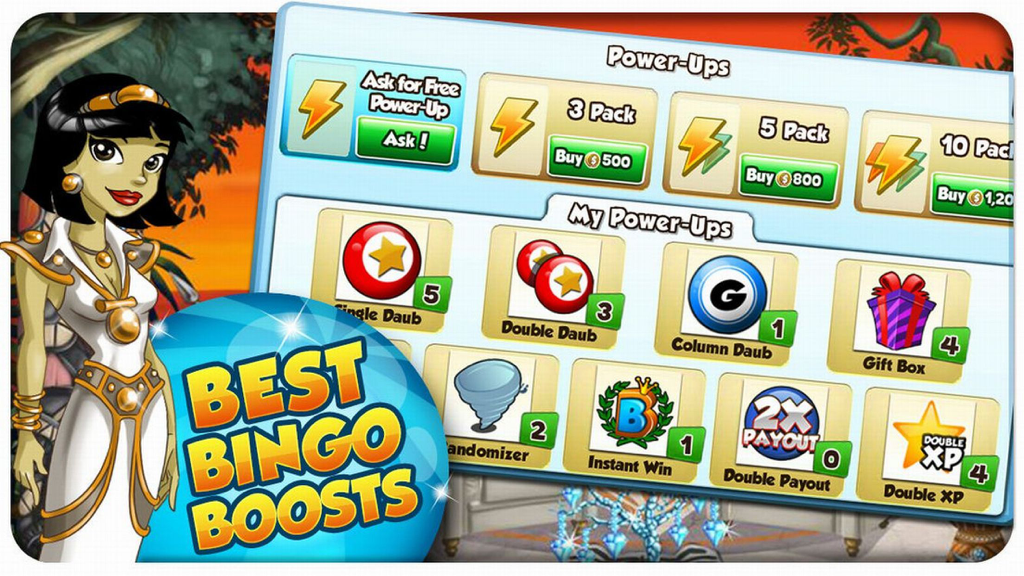 Bingo Blingo - Bingo Blingo game interface showing various power-up boosts including double daub and instant win rewards