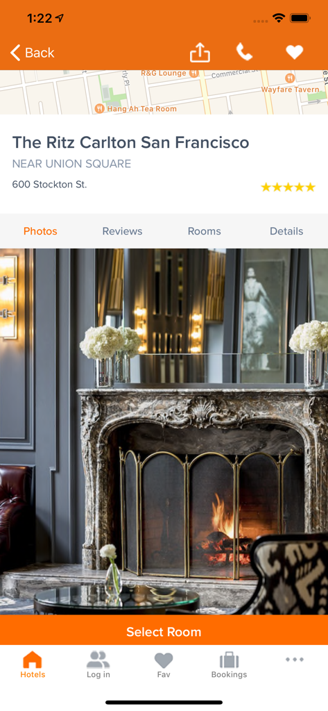 Hotel Planner - Tonight Deals - 호텔 사진 및 예약 옵션을 보여주는 호텔 플래너 앱의 샌프란시스코 리츠 칼튼 호텔 프로필