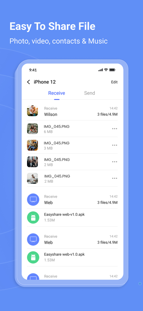EasyShare・ - Interface of the EasyShare app showing a history of received photos and APK files on a smartphone screen