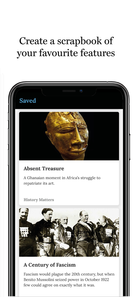History Today Magazine - Una pantalla de smartphone que muestra la sección Guardados de la aplicación de la revista History Today con artículos históricos sobre arte africano e historia del siglo XX.