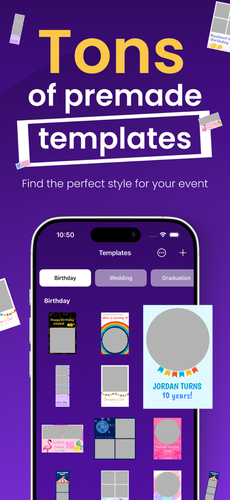 Booth Studio - Tela do aplicativo Booth Studio mostrando uma seleção de templates de cabine de fotos pré-fabricados para aniversários, casamentos e formaturas.