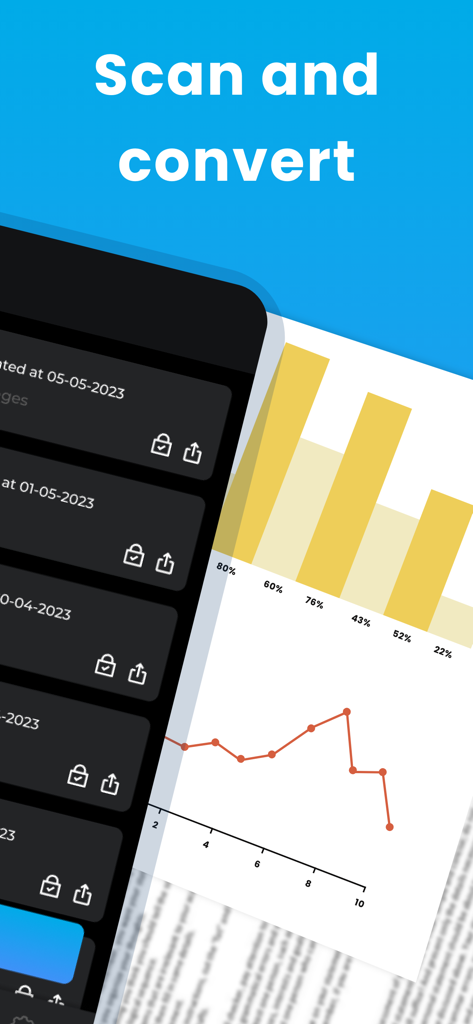 PDF PRO Scan Image & Documents - PDF PRO app interface showing the scan and convert feature with a list of saved files and a business report graph