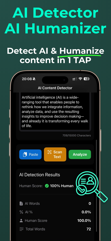 AI Writer & AI Checker ACI - AI Writer and AI Checker app screen showing a text analysis result with a one hundred percent human score