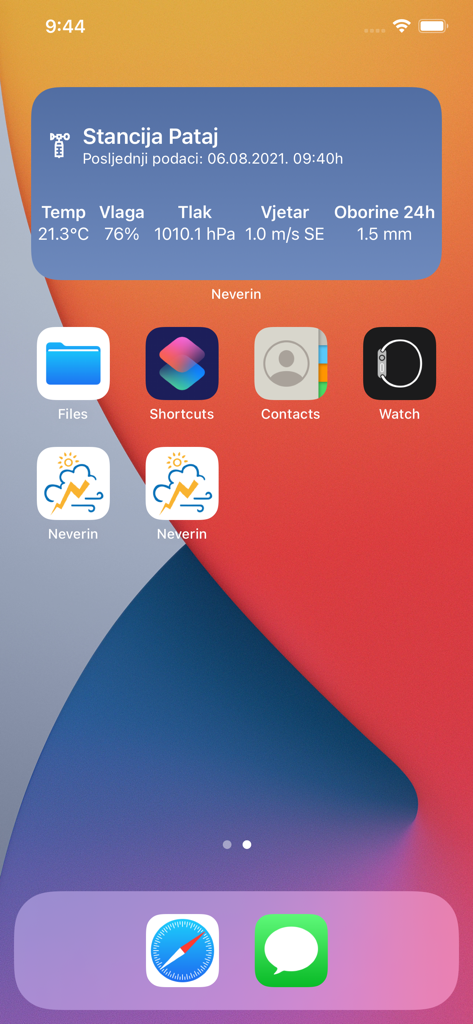 Neverin - Neverin weather app widget on an iPhone home screen displaying technical data like temperature and wind speed