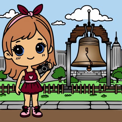 girl standing in front of the liberty bell posing for a picture