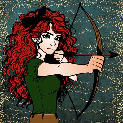 a woman with curly and messy hair using a bow to shoot arrow realistic