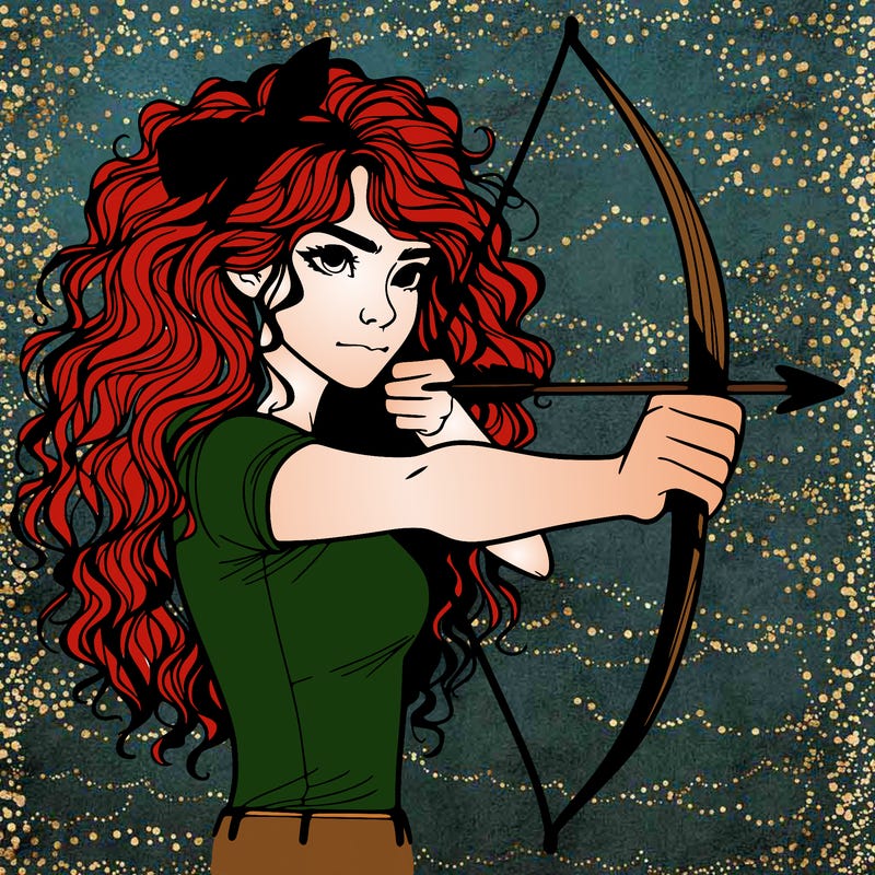 a woman with curly and messy hair using a bow to shoot arrow realistic