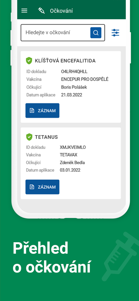 eRecept - Pantalla móvil mostrando registros de vacunación en la aplicación checa eRecept.