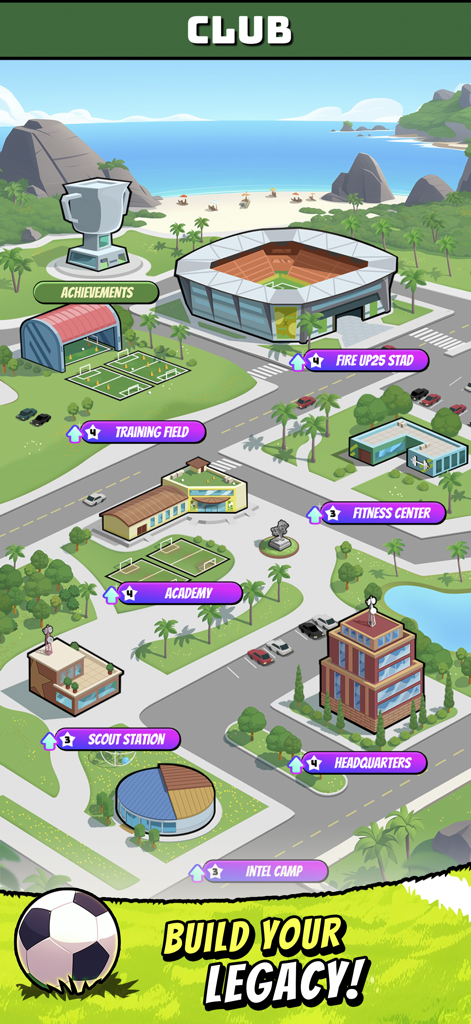 Fire Up Football Manager - A top-down view of the club campus in Fire Up Football Manager featuring the stadium, training field, academy, and headquarters.