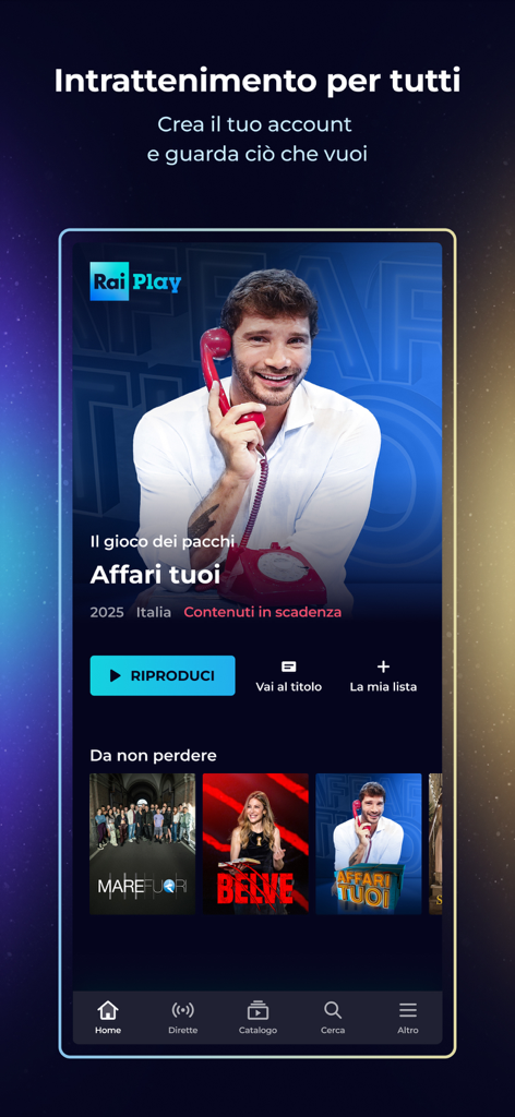RaiPlay - RaiPlay mobile app home screen featuring popular Italian TV shows like Affari Tuoi and Mare Fuori