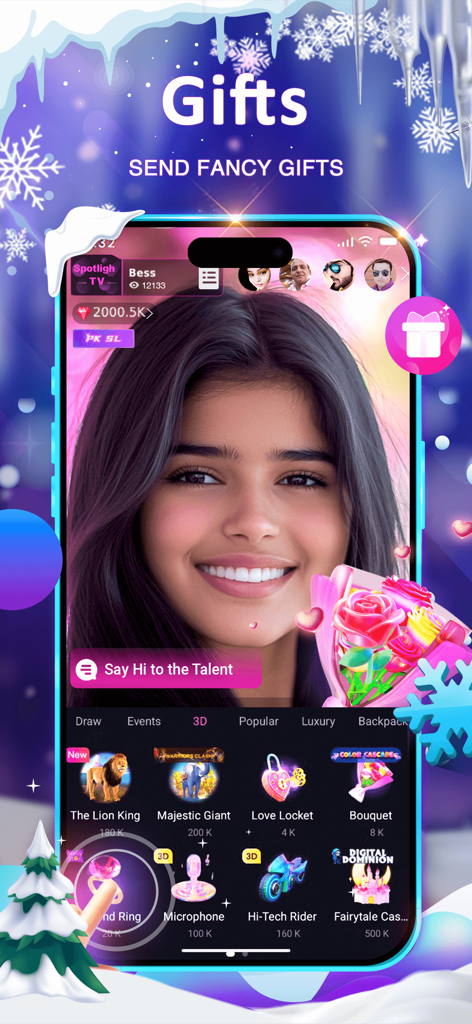 StreamKar - Live Video Chat - StreamKar app interface showing a live video stream and a menu of colorful virtual gifts to send to creators.