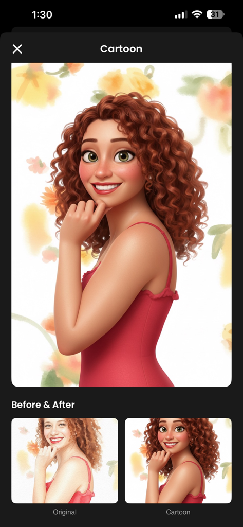 Retoon: Cartoon Photo Editor - Screenshot of Retoon app showing a before and after comparison of a woman's portrait transformed into a 3D cartoon character