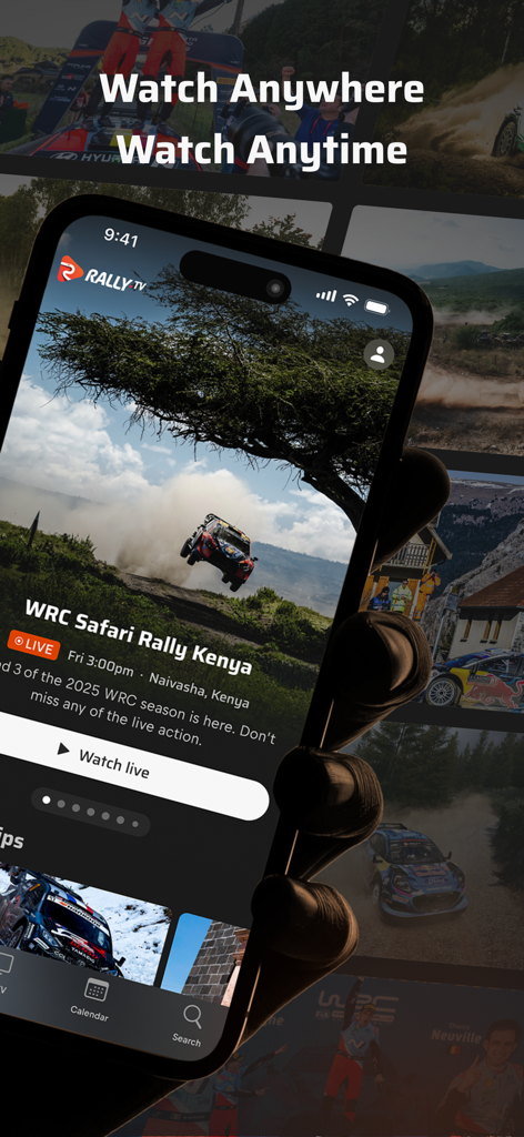 Smartphone displaying the Rally TV app live coverage of the WRC Safari Rally Kenya