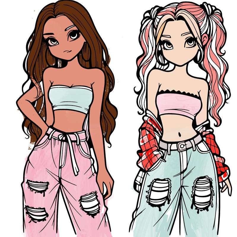 2 girls in crop tops and baggy jeans ripped