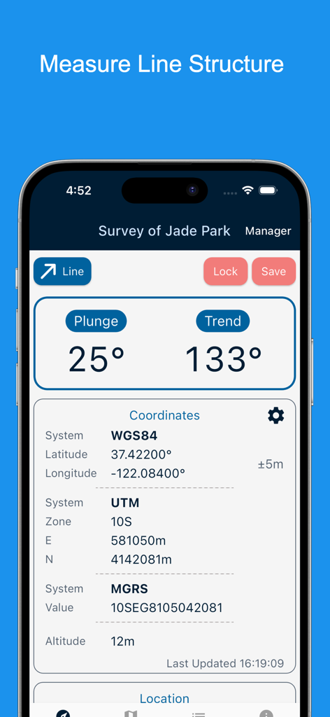 Geology Clinometer: GeoCompass - Interface of Geology Clinometer app showing line structure measurement with plunge and trend data and coordinates