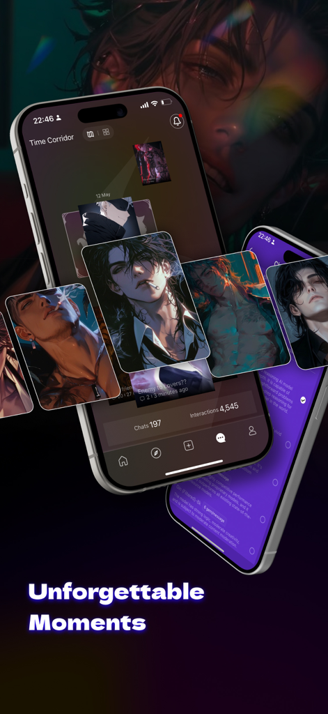 Tipsy Chat mobile interface displaying a collection of anime-style AI character portraits with the caption Unforgettable Moments