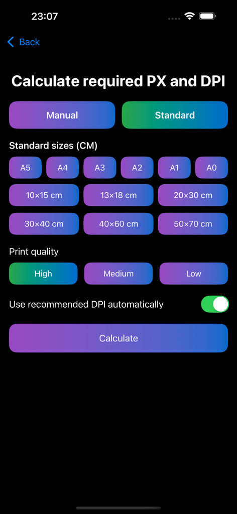 PixCalc - PixCalc interface for selecting standard print sizes and quality to calculate required pixels and DPI