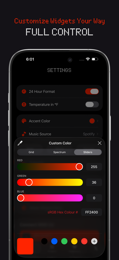 NewThing Widgets Pro - NewThing Widgets Pro settings screen showing custom color sliders for full widget customization