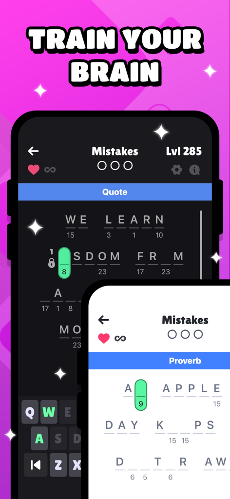 Dos teléfonos móviles mostrando niveles del juego de puzles de palabras Cryptogram con el texto Entrena tu Cerebro