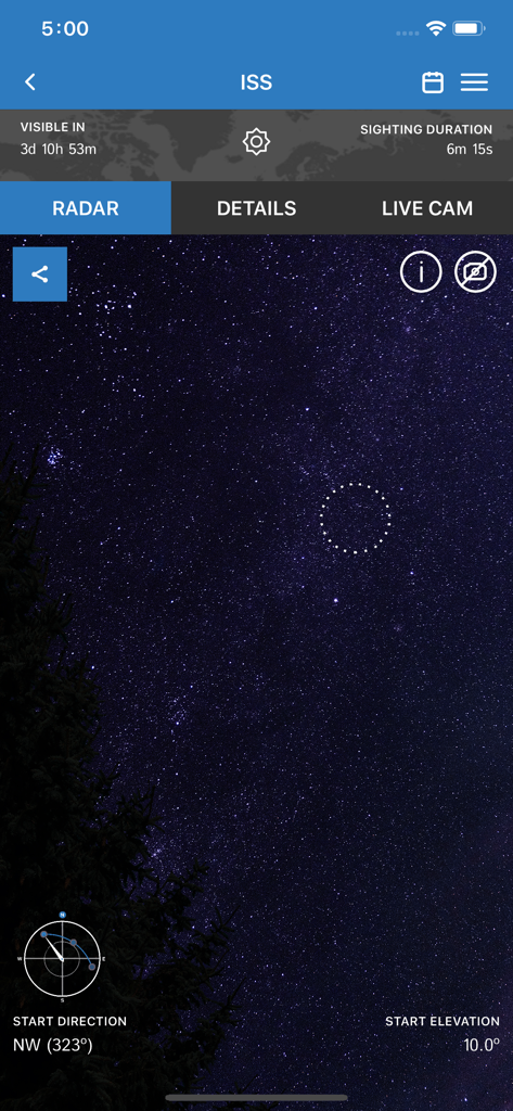 The ISS Detector app radar screen showing a starry night sky with directional markers and a dotted circle to locate the International Space Station.
