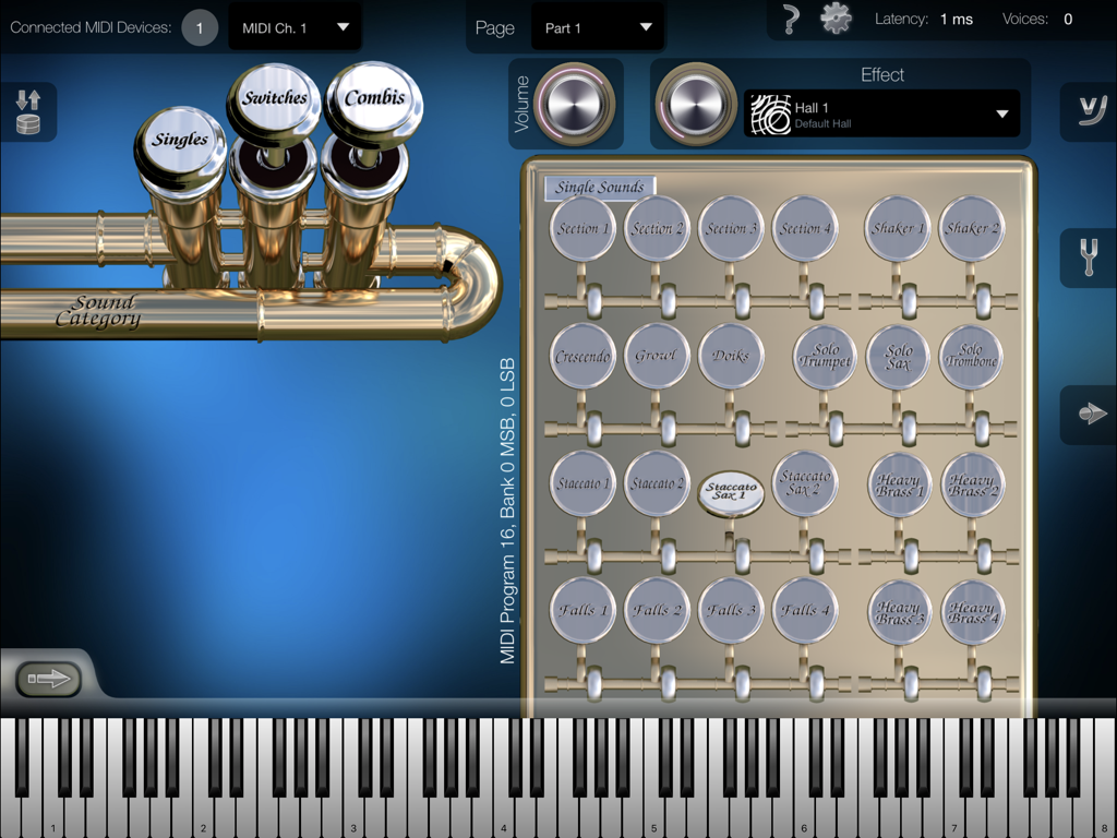 Interface of the Heavy Brass iPad app showing the single sounds selection screen with various brass articulations and a virtual piano keyboard.