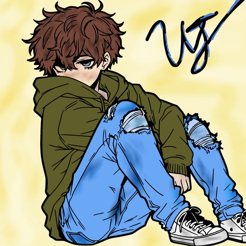 a male hoddie ripped jeans messy hair anime