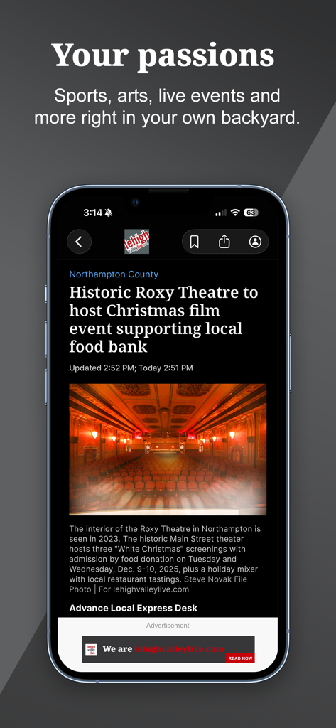 Lehigh Valley Live app showing a local news article about a community event at the Roxy Theatre