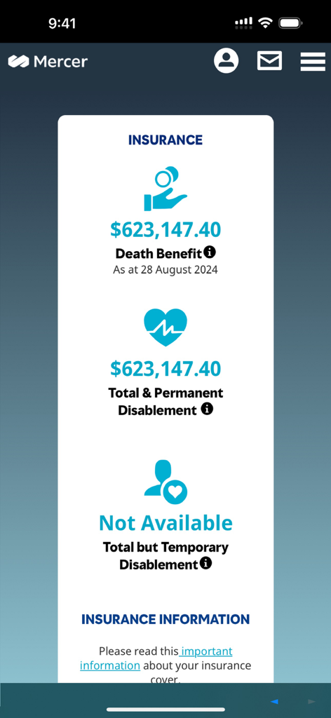 Mercer NZ - Una captura de pantalla de la aplicación Mercer NZ que muestra los detalles de la cobertura del seguro por fallecimiento y discapacidad permanente.