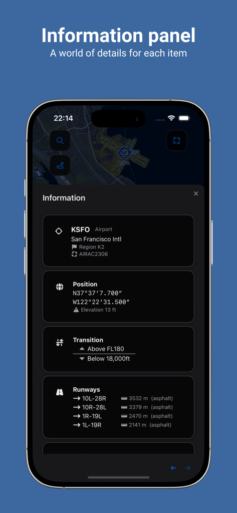 FlyCharts - FlyCharts app showing detailed airport and runway information for KSFO