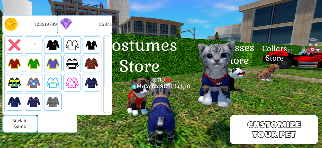 Cute Cat And Puppy World - Pet customization menu in Cute Cat And Puppy World showing cat costumes