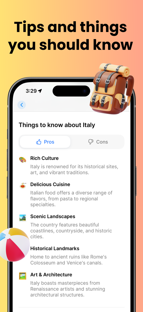 Schermata dell'app Tripbook che mostra consigli di viaggio e vantaggi culturali per la visita dell'Italia.