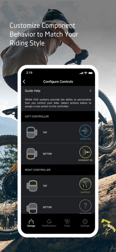 SRAM AXS app screen for customizing bike component behavior and controls
