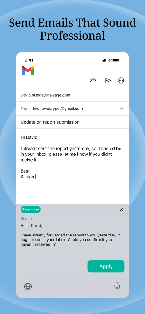 Ferramenta de verificação de gramática por IA parafraseando um rascunho de e-mail profissional em uma interface de teclado de aplicativo móvel