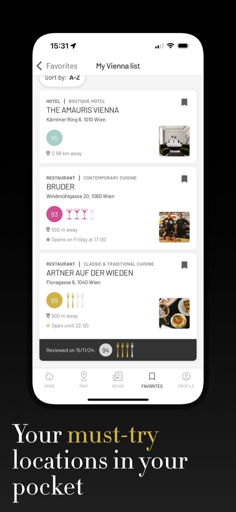 Falstaff Guide - Falstaff Guide app screen showing a curated favorites list of luxury hotels and restaurants in Vienna