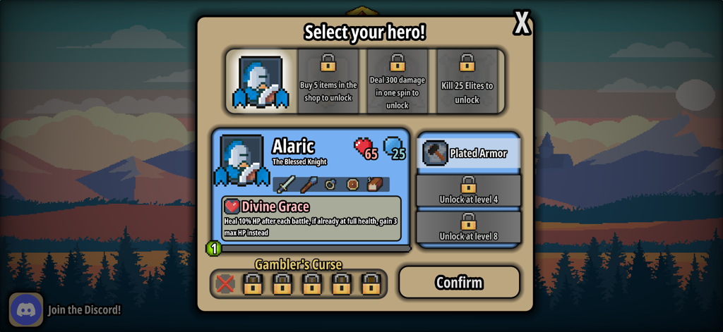 Spin Hero - Pantalla de selección de héroe en Spin Hero con Alaric el Caballero Bendito y sus estadísticas y habilidades