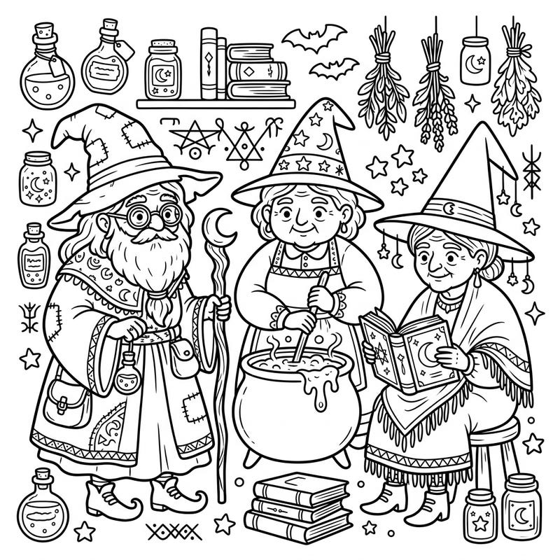 Discover the charming world of wise old magic with this delightful Kawaii Crone Witches coloring page. Bring these adorable, powerful matriarchs and their mystical accessories to life with your favorite colors.
