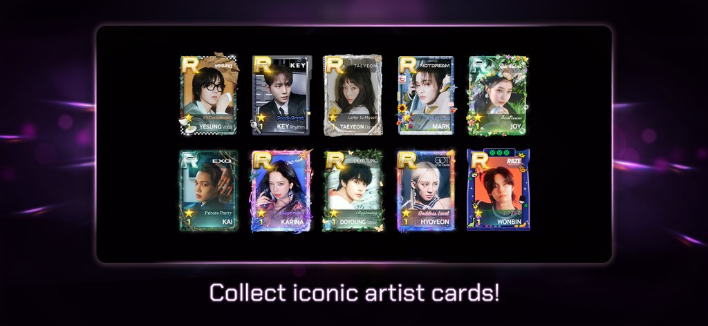 A display of collectible R-grade artist cards featuring various K-Pop idols in the SUPERSTAR SMTOWN app