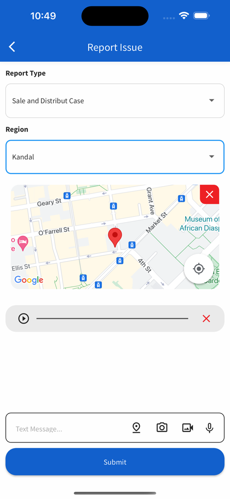 NoDrug - Captura de pantalla de la pantalla de informes de la aplicación NoDrug mostrando la ubicación en el mapa y la selección del tipo de informe