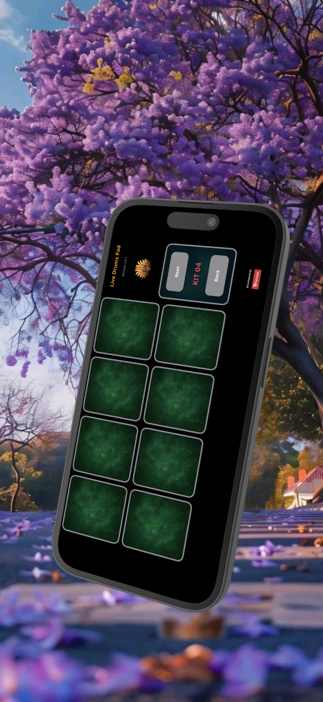 Live Drums Pad Pro - Interfaz de la aplicación Live Drums Pad Pro mostrando ocho pads de batería verdes y navegación de kits en la pantalla de un smartphone