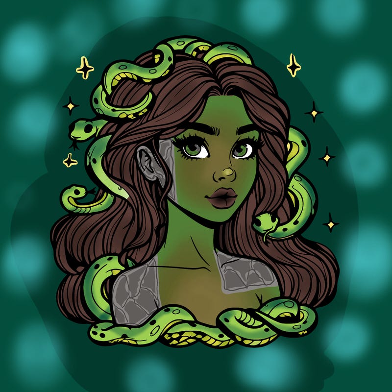 realistic girl with snakes as hair